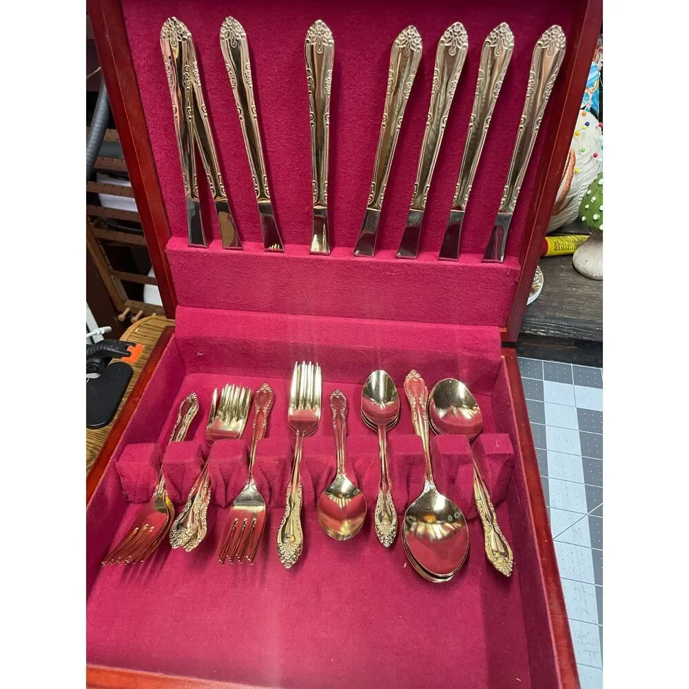Vintage Gold Tone Flatware Serving Set with Wooden Storage Chest